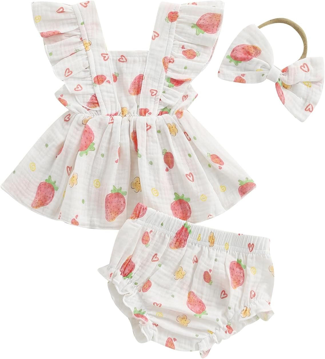 613xjqgaf5L._AC_SL1500_.jpg Baby Girl Summer Outfit Strawberry/Cherry/Lemon Smocked Tunic Tops Ruffle Bloomer Shorts Headband Cute 3Pcs Newborn Coming Home Summer Clothes 0-18M - Image 1