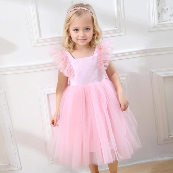 JiAmy Girls Dresses Ruffle Short Sleeve Square Neck Backless Tulle Puff Dress Kids Wedding Elegant Princess Dress Clothes for Girl 18 Months-7 Years - Image 2