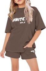 Girls Tracksuit Set Kids Trendy T-shirt + Shorts 2 Piece Outfit Summer Fashion Short Sleeve Fox Letter Print Tops with Loose Jogger Shorts Y2k Activewear Casual Sweatshirt Gym Set UK