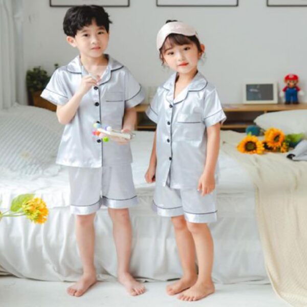 Risipu Silk Pyjamas Kids Set Unisex Short Sleeve Girls Pyjamas Solid Color for Kids - Image 5
