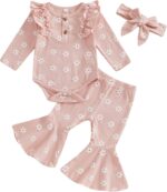 Himllauen Baby Girls Flower Print Outfit Baby Girls 3Pcs Long Sleeve Crew Neck Romper + Flared + Headband Sets for Baby Fall Winter