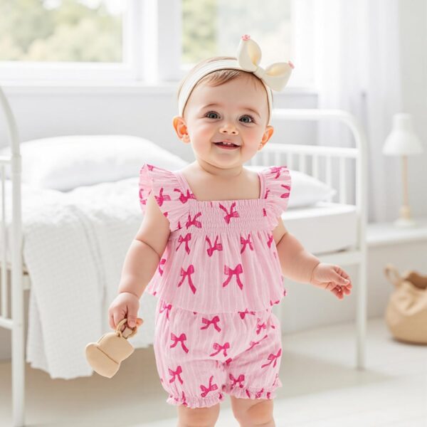 Baby Girl Summer Outfits Bow Print Flying Sleeve Smock Tunic Shirt Top Elastic Waist Ruffled Bloomers 2 Pcs Set Cute Clothes for Little Girls - Image 2