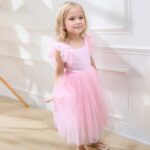 JiAmy Girls Dresses Ruffle Short Sleeve Square Neck Backless Tulle Puff Dress Kids Wedding Elegant Princess Dress Clothes for Girl 18 Months-7 Years - Image 4