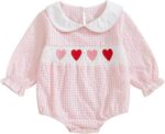 Yoisdtxc Infant Baby Girl Cute Outfit Heart Print Smocked Bubble Romper Doll Collar Bodysuit Headband Spring Clothes