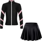 iEFiEL Kids Girls Sports Outfit Stripe Stand Collar Zipper Sweatshirt with Athletic Skirt Sets Dancewear Activewear