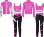 iEFiEL 3Pcs Kids Girls Sports Outfits Sleeveless Crop Top with Athletic Leggings and Long Sleeve Jacket Set Tracksuit - Image 5