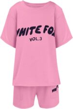 Girls Tracksuit Set Kids Trendy T-shirt + Shorts 2 Piece Outfit Summer Fashion Short Sleeve Fox Letter Print Tops with Loose Jogger Shorts Y2k Activewear Casual Sweatshirt Gym Set UK - Image 3