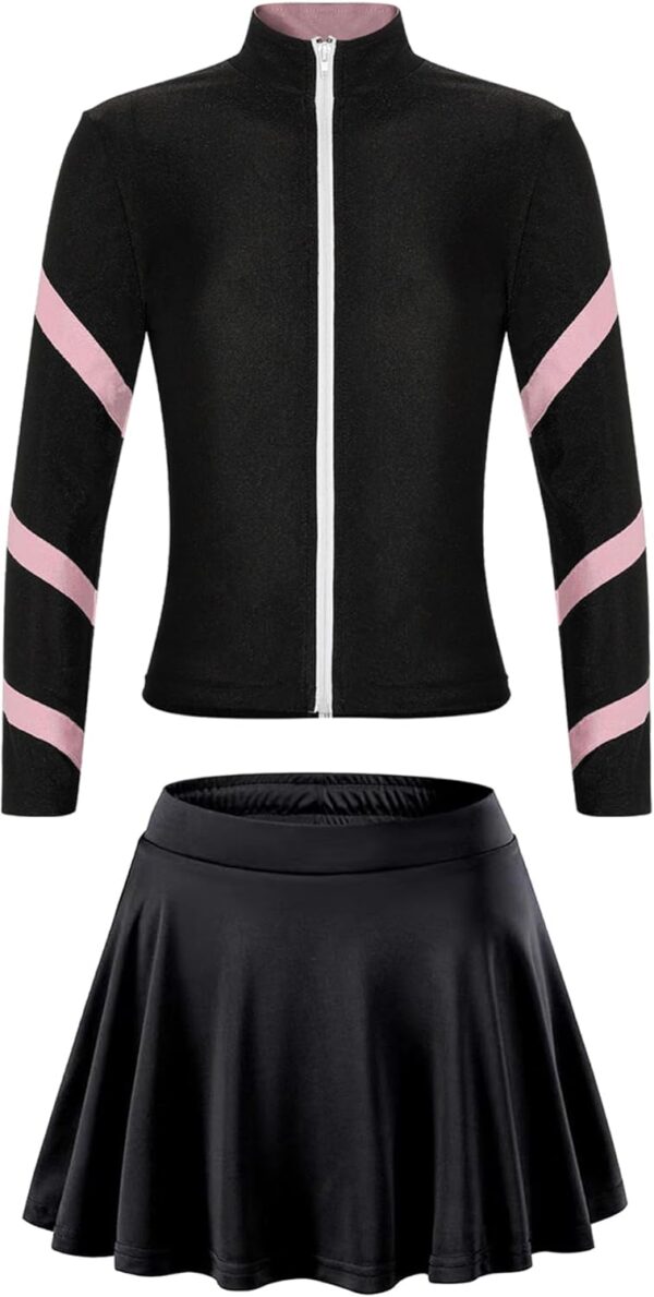 iEFiEL Kids Girls Sports Outfit Stripe Stand Collar Zipper Sweatshirt with Athletic Skirt Sets Dancewear Activewear - Image 3