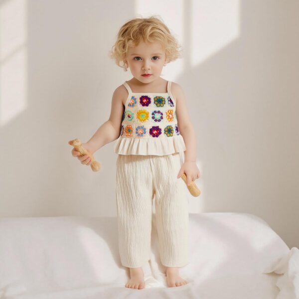 Baby Girl Summer Outfit Floral Crochet Ruffle Sleeveless Camisole Tops Trousers Kids Girl Clothes - Image 3