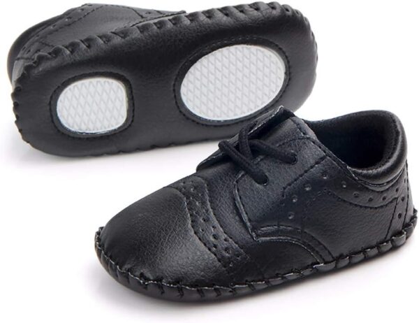 Newborn Baby Boys First Walking Shoes Soft Synthetic Leather Brogue Infant Dress Crib Shoes Black 12-18 Months - Image 5
