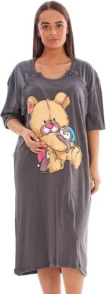 Ladies Maternity Nightdress 100% Cotton Printed Motif Breastfeeding Button Labor - Image 5