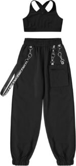 Alvivi Kids Girls 2 Piece Dance Outfit Hip Hop Tracksuit Racerback Crop Tank Top and Cargo Pants Baggy Trousers Set - Image 3
