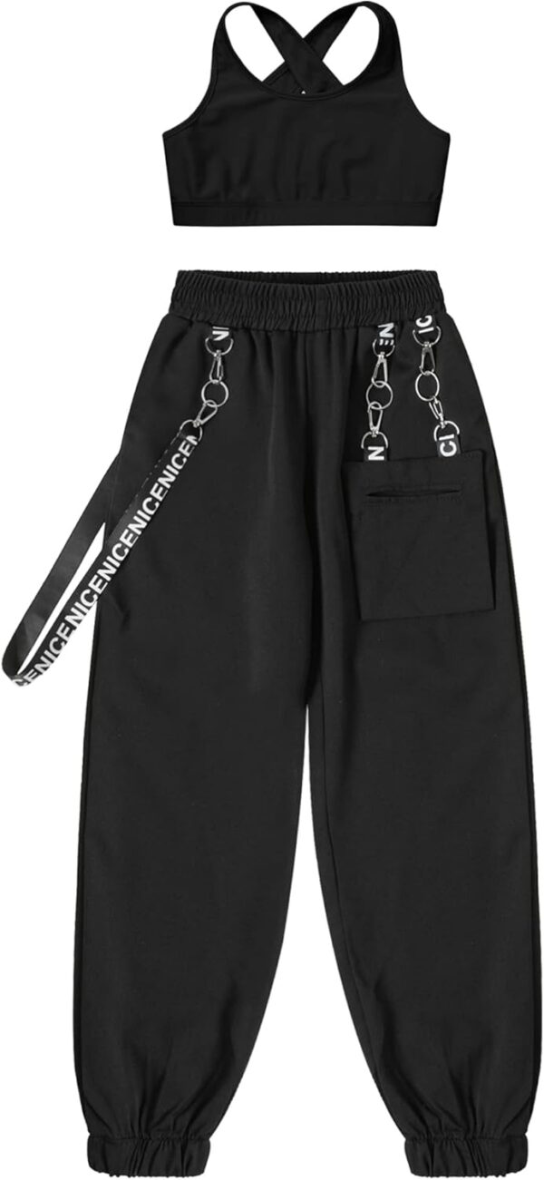 Alvivi Kids Girls 2 Piece Dance Outfit Hip Hop Tracksuit Racerback Crop Tank Top and Cargo Pants Baggy Trousers Set - Image 3