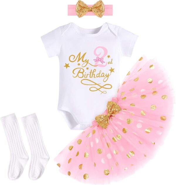 IBTOM CASTLE My 1/2 /1st /2nd/3rd Birthday Outfits for Baby Girl Bodysuit Romper/T-Shirt+Polka Dot Tulle Tutu Skirt +Socks+Bowknot Headband 4pcs Formal Princess Cake Smash Party Baptism Dress - Image 3