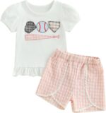 Baby Girl Summer Clothes Set Baseball Embroidery Short Sleeve Ruffle T Shirt Plaid Shorts Toddler Girls Outfit