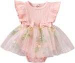 JiAmy Baby Girl Clothes Newborn Floral Embroidery Mesh Tulle Romper Toddler Ruffle Short Sleeve Bodysuit Spring Summer Baby Girl Dress for 0-24 Months