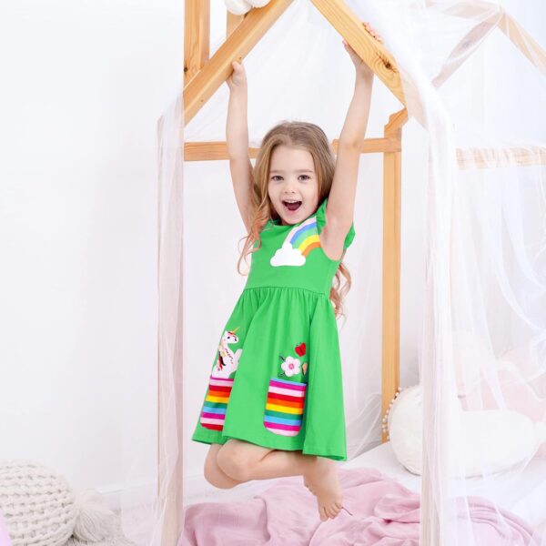 Little Girls Dresses Rainbow Long Sleeve/Sleeveless Dress Girls Cotton Pocket T-Shirt Dress Kids Winter/Summer Stripe Dress with Unicorn Flowers Print 3-8 Years - Image 2