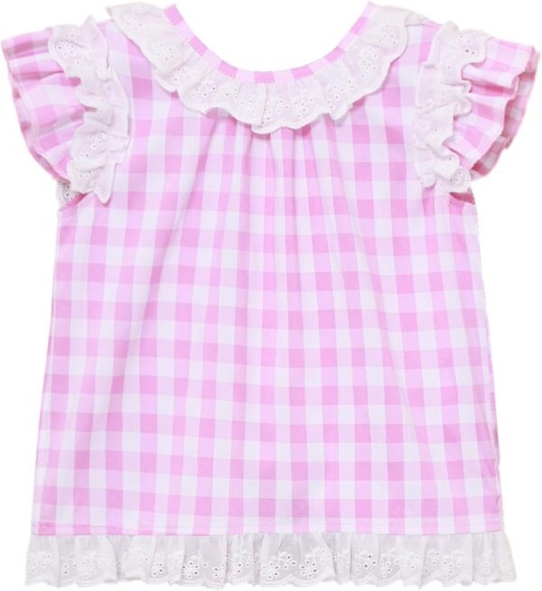 Freebily Baby Girl Summer Clothes Lace Trim Tops Bloomers Set 2Pcs Toddler Plaid Outfit - Image 4