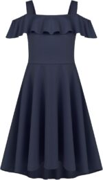 Arshiner Girls Summer Dress Off Shoulder Children's Dress Ruffle Sleeves Elegant Strap Dress Children A Line Swing Dress High Low Dress Casual Dresses with Pocket 4-13Years