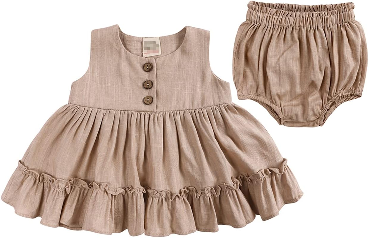 61Dp3WPP69L._AC_SL1276_.jpg NCTCITY Baby Girl Dress + Bottom Shorts 2Pcs Set Newborn A-Line Skirt + Bloomers Pajamas Summer Toddler Infant Sleeveless Ruffles Dress with Bread Panties Cute Sleepwear Outfits 0-2 Years - Image 1