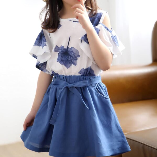 Girls Summer Flower Clothes Set Ruffle Sleeve T-Shirts and Mini Skirt 2Pcs Outfits for Age 3-12 Years - Image 5