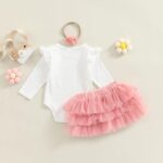 Domisola Baby Girls My 1st Birthday Outfits Sleeveless Floral Lace Romper + Tutu Skirt + Headband Set - Image 6