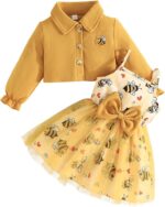 Yanmucy Toddler Baby Girls Dress and Coat Set 2PCS Honeybee Print Tutu Dresses Long Sleeve Lapel Cardigan Baby Girl Clothes Outfits
