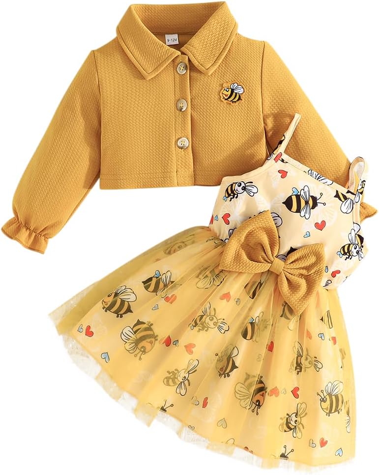 61Ea1CX-ZnL._AC_SL1200_.jpg Yanmucy Toddler Baby Girls Dress and Coat Set 2PCS Honeybee Print Tutu Dresses Long Sleeve Lapel Cardigan Baby Girl Clothes Outfits - Image 1
