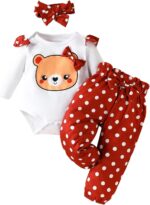 Similotey Infant Baby Girl Outfit Set Cute Bear Print Long Sleeve Tops and Polka Dot Print Bow Pants 3Pcs Clothes Set