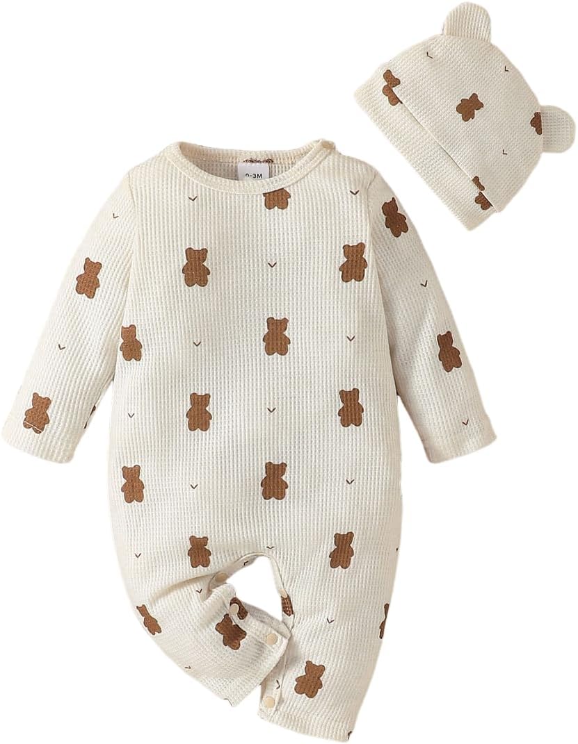 61FTSK6j-uL._AC_SL1200_.jpg Baby Boy Romper Cute Bear Print + Bear Hat for Infant Baby Boy Outfit Set - Image 1