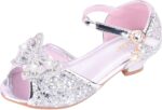Girls Kids Sequins Pearl Bow Sandals High Heels Ankle Closed Toe Summer Shoes Slip On Comfy Dress Dance Loafers Toddler Boys Sandals Size 9c Big Kid Slide Sandals(