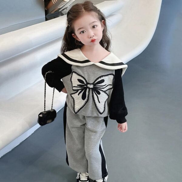Valcatch Kids Girls Outfits Clothes Set Cute Bowknot Print Contrast color Long Sleeve Cotton Shirt Jumper Pullover Tops Sweatshirt Pants Spring Fall 2 Piece Clothing Set 3-9 Years - Image 3