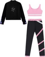 Freebily Kids Girls 3 Piece Yoga Workout Outfits Sleeveless Crop Tank Tops and Leggings Long Sleeve Zipper Sweatshirt - Image 4