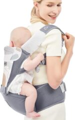 Bebamour Baby Carrier Newborn to Toddler Baby Carrier Hipseat 0-36Months with Head Hood, 3 PCS Teething Pads, Waist Extender, Light Grey - Image 9