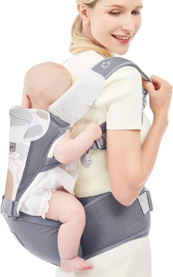 Bebamour Baby Carrier Newborn to Toddler Baby Carrier Hipseat 0-36Months with Head Hood, 3 PCS Teething Pads, Waist Extender, Light Grey - Image 9
