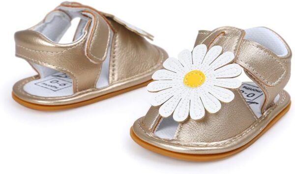 FANSU Summer Baby Sandals, Simple Fower Style Comfortable Toddler Princess Infant Baby Sandals Newborn Shoes for 0-18 Months Anti-Slip Soft Sole Velcro First Walking Shoes (11cm / 3-6 month,Gold) - Image 2