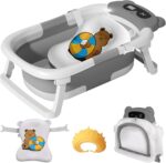 LiveGo Collapsible Baby Bathtub, Foldable Infant Tub for Newborn to Toddler (0-36 Months), Real-Time Temperature Monitor, Soft Cushion, Portable, Anti-Slip Feet, Drain Hole for Easy Use (Grey-A)