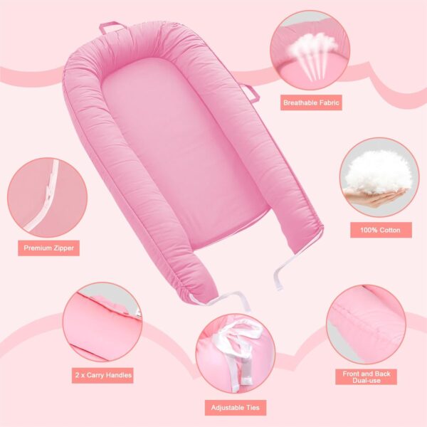 Baby Lounger - 100% Cotton Soft & Breathable Nest Lounger for Newborns to 24 Months, Portable Co-Sleeper for Boys & Girls, Perfect Baby Gift (Pink) - Image 5