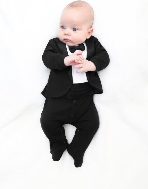 Lilax Baby Boy Gentleman Tuxedo Footie Christmas Holiday Outfit with Bow Tie - Image 2