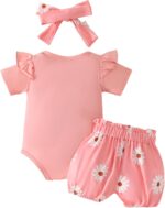 Oyolan Baby Girls Summer Clothes Short Sleeve Bodysuit and Floral Shorts Bloomers Headband Outfits - Image 2