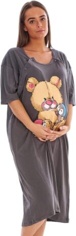 Ladies Maternity Nightdress 100% Cotton Printed Motif Breastfeeding Button Labor