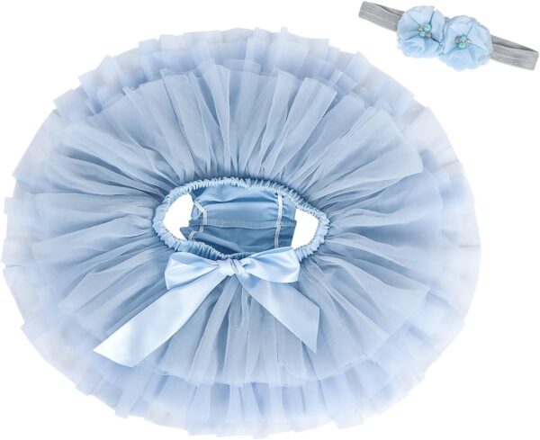 Eledobby Baby Girls Tutu Skirt with Diaper Cover 2 Pieces Newborn Pleated Tulle Skirts Headband Set Layered Bloomers Toddler Clothes for Birthday Photography Blue 0-6 Months (A01402-Blue-S-EUK11) - Image 2