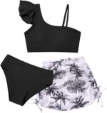 Girls 3 Piece Swimsuits Ruffle Sleeve Bikini Set with Tropical Cover Up Skirts High Waist Bathing Suit Bikini Tops Pants Summer Holiday Beachwear for Kids Teen 9-16 Years