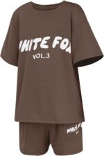 Girls Tracksuit Set Kids Trendy T-shirt + Shorts 2 Piece Outfit Summer Fashion Short Sleeve Fox Letter Print Tops with Loose Jogger Shorts Y2k Activewear Casual Sweatshirt Gym Set UK - Image 4