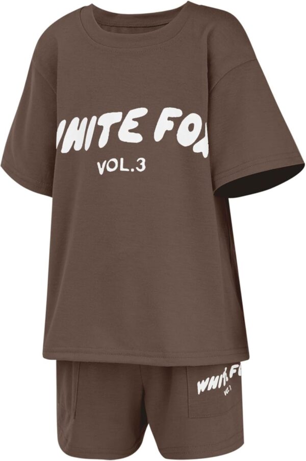 Girls Tracksuit Set Kids Trendy T-shirt + Shorts 2 Piece Outfit Summer Fashion Short Sleeve Fox Letter Print Tops with Loose Jogger Shorts Y2k Activewear Casual Sweatshirt Gym Set UK - Image 4