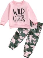 WERNZATT Toddler Girls 2 Piece Outfits Letter Print Long Sleeve Pullover Sweatshirt&Camouflage Pants Set Kids Sweatsuit