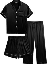 SWOMOG Kid's Silk Pyjamas 3 Piece Girls Boys Satin Pyjamas Set Button-Down PJs Sets Soft Lounge Sets Short Sleeve Sleepwear