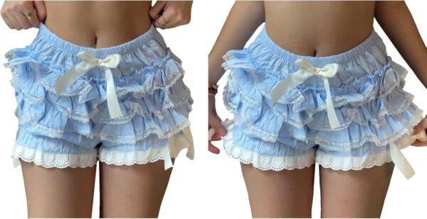 Women Lolita Layered Bloomers Short Lace Spliced Bow Elastic Waist Pajama Shorts Lounge Homewear - Image 3