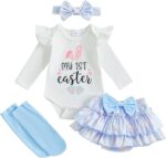 Qianderer Newborn Baby Girl Easter Outfit Bunny Clothes Long Sleeve Romper+Bloomers Tutu Skirt+Socks+Headband 4Pcs