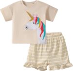 TCWWBB Toddler Girls Summer Short Outfits Clothes Set Kids Cute Unicorn Bunny Rainbow Animal Print Short Sleeve Cotton T-Shirt Tops and Shorts 2 Piece Crewneck Clothing Set Age 1-7 Years Old